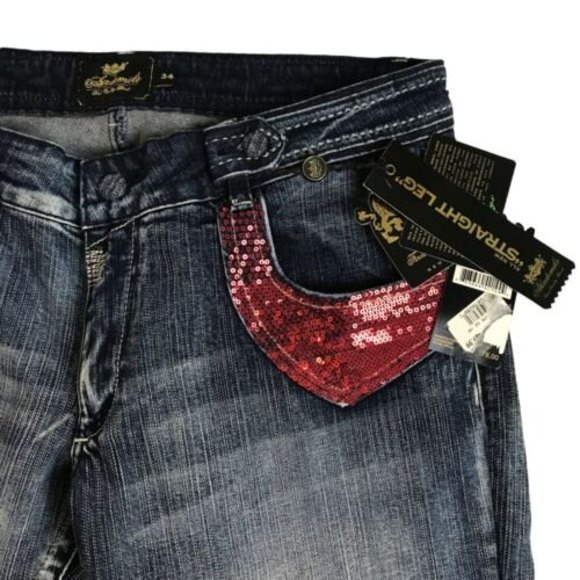 Akademiks AKDMKS Straight Leg Jean Blue Heart Red Sequin 98% Cotton Size 34 NWT - Picture 5 of 12